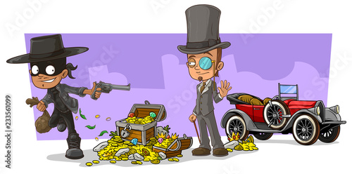 Cartoon robber in mask and intelligent man