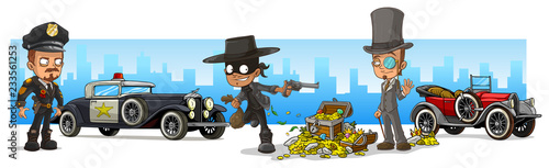 Cartoon robber, policeman and intelligent man