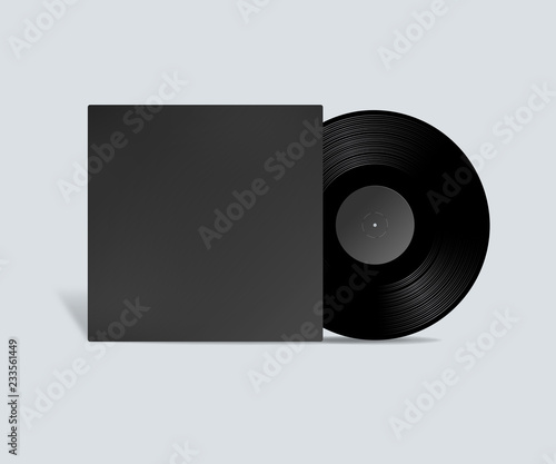 Realistic Vinyl Record with Cover Mockup. Vector realistic 3d music gramophone vinyl LP record with cover icon closeup isolated on white background.