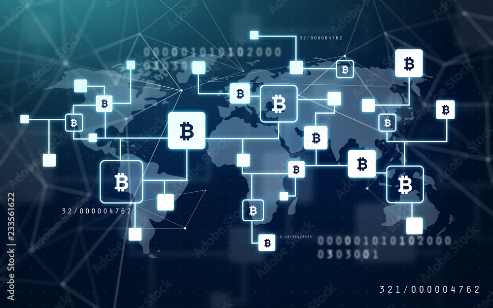 cryptocurrency, finance and business concept - bitcoin block chain projection over dark blue background