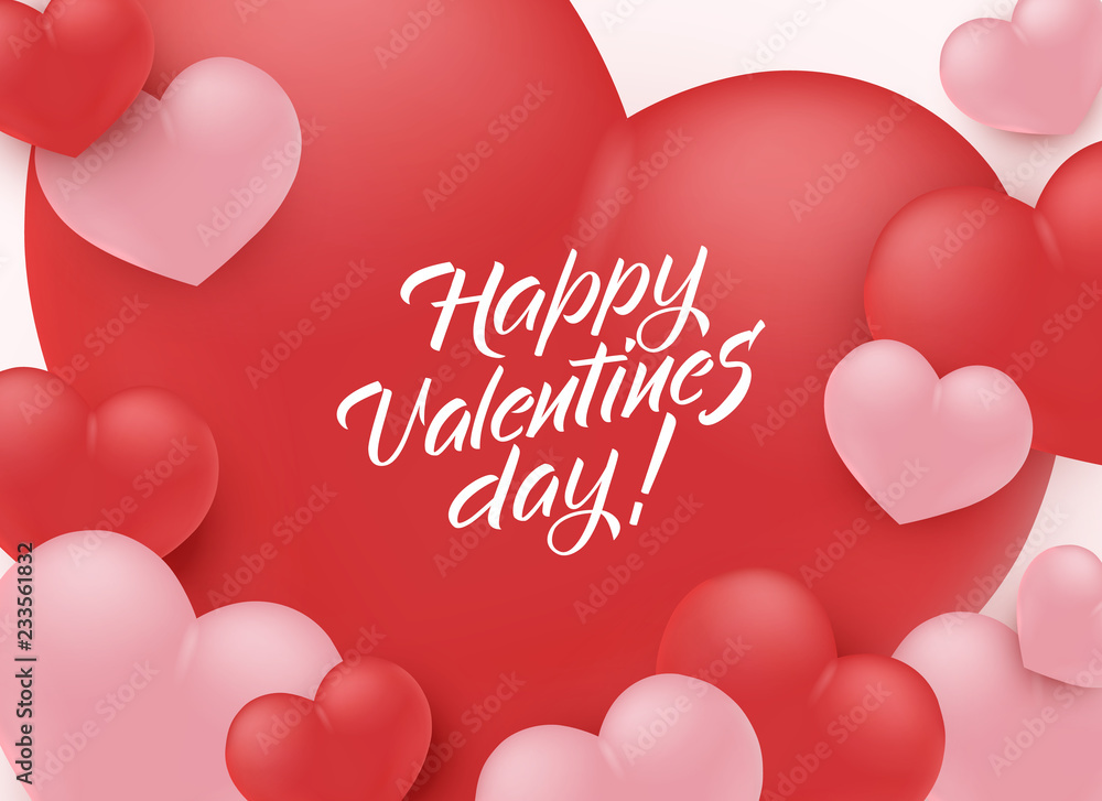 Happy Valentine Day congratulation banner with red and pink 3d heart shapes - vector illustration of romantic greeting card. Beautiful love festive poster for 14 February.