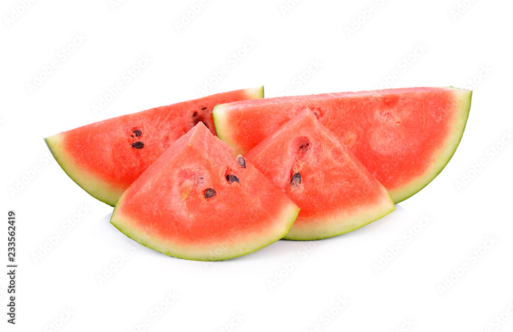 cut watermelon with seeds on white background