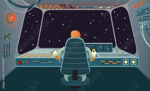 The astronaut of the spacecraft on back view, sitting in the chair and controlling the space vehicle with various buttons and levers on the control panel