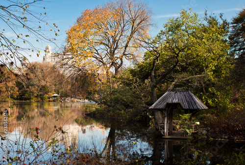 Lake view from Central Park NYC on Autumn November Day