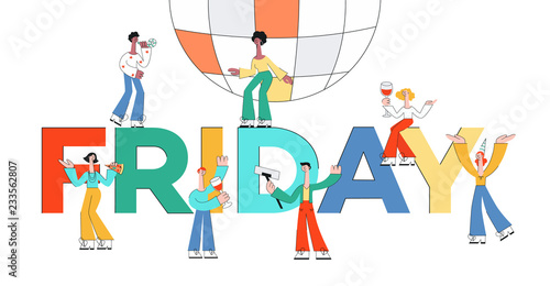 Vector stylized male, female characters at party dancing with disco ball drinking wine from glasses, making selfie on background of friday letters background. Office men, women colleagues or friends