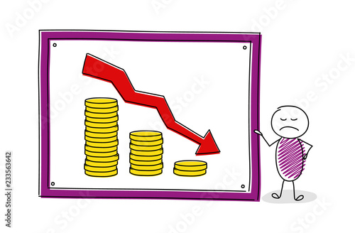 Funny cartoon character with whiteboard and golden coin stacks. Vector.