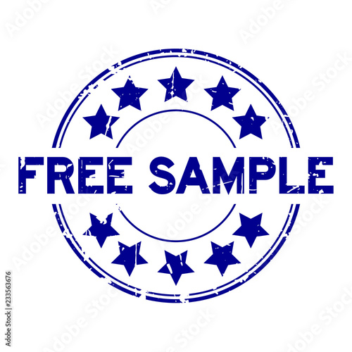 Grunge blue free sample with star icon round rubber seal stamp on white background