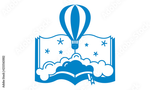 Hot hair balloon flying in a open book: tour, travel, dream holyday, honey moon, adventure blog, or company and business logo.