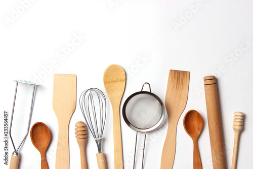 different kitchenware on a light background top view. Cooking appliances. flat lay 