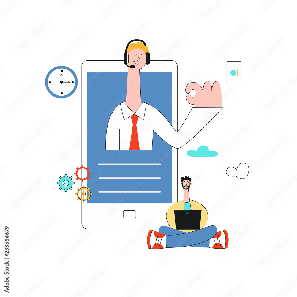 Vector online assistant concept hand holding smartphone with man in headset ok gesture from screen to male sitting legs crossed with laptop as positive communication symbol. Cusomer support helpline
