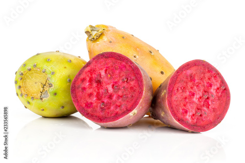 Group of two whole two halves of red green orange fresh bright prickly pear opuntia isolated on white background