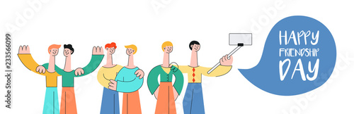 Vector happy friendship day concept poster with stylized male, female friends hugging raising hands up, making selfie. Happy men, women colleagues of friends stanging together photo