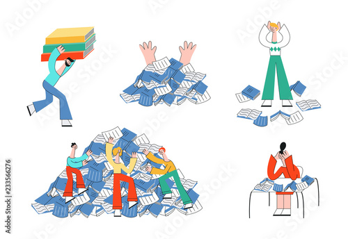 Vector stylized male, female characters and information overload, stress and fatigue. Men, women students going under, climbing books pile mountain, sitting with head behind books, carry huge textbook