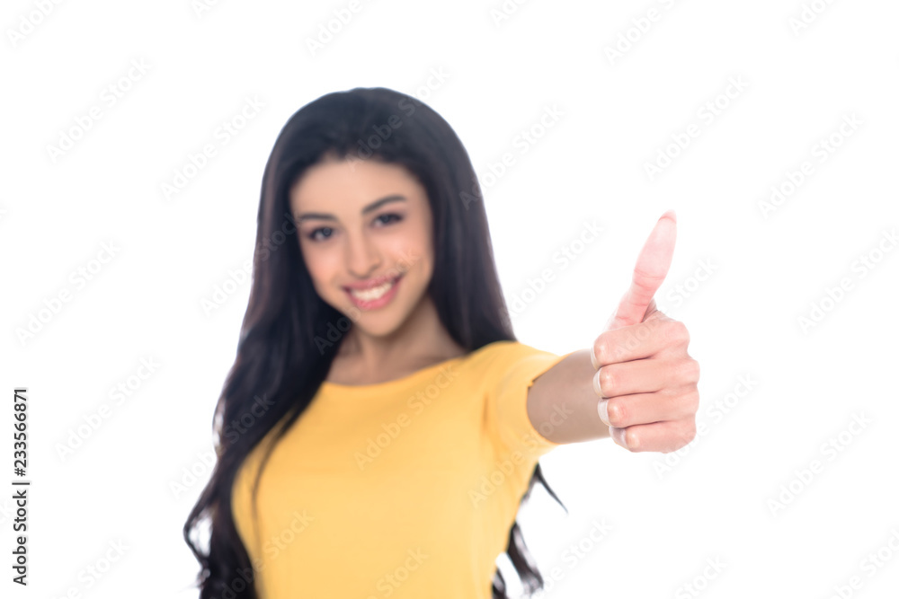 close-up view of young african american woman showing thumb up and smiling at camera isolated on white close-up view of young african american woman showing thumb up and smiling at camera isolated on white