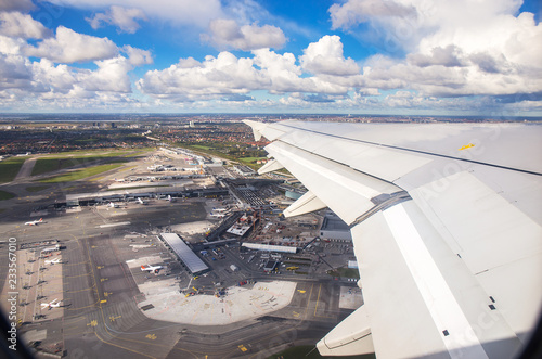 Canvas Print Aerial view of Copenhagen airport or Kastrup airport from window seat of airplan