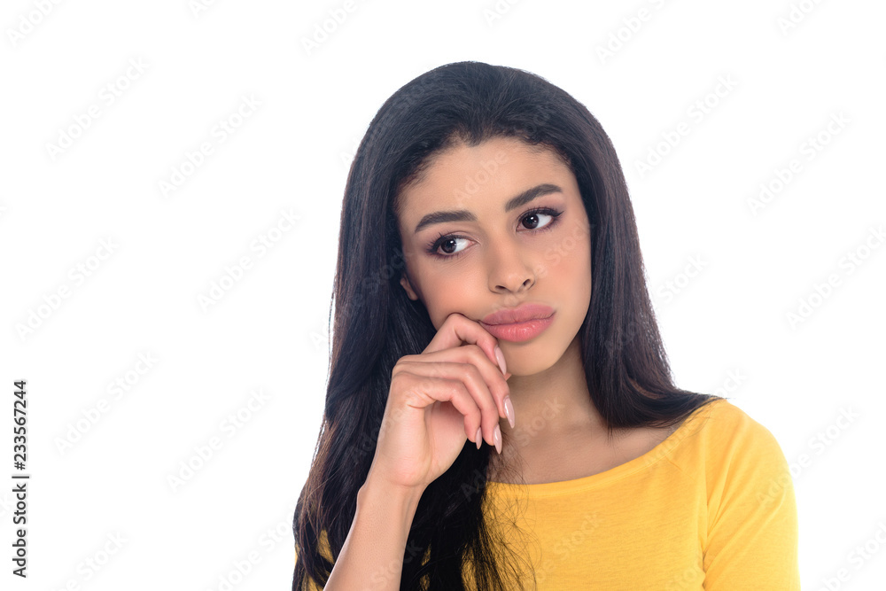 thoughtful african american girl holding hand on chin and looking away isolated on white thoughtful african american girl holding hand on chin and looking away isolated on white
