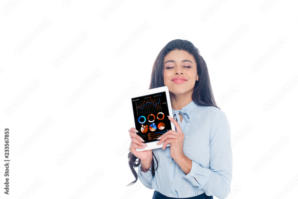 happy young african american woman holding digital tablet with business charts isolated on white happy young african american woman holding digital tablet with business charts isolated on white