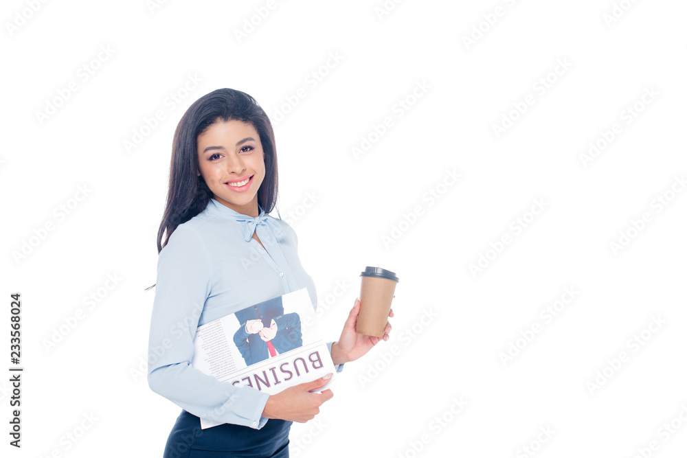 young african american woman with business newspaper and coffee to go smiling at camera isolated on white young african american woman with business newspaper and coffee to go smiling at camera isolated on white