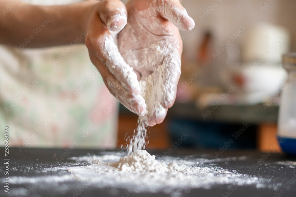 white flour in cook hands white making a bakery food f