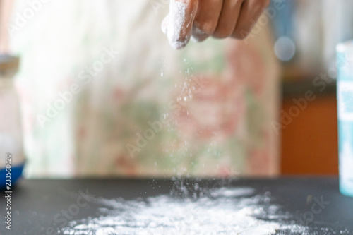 white flour in cook hands white making a bakery food f