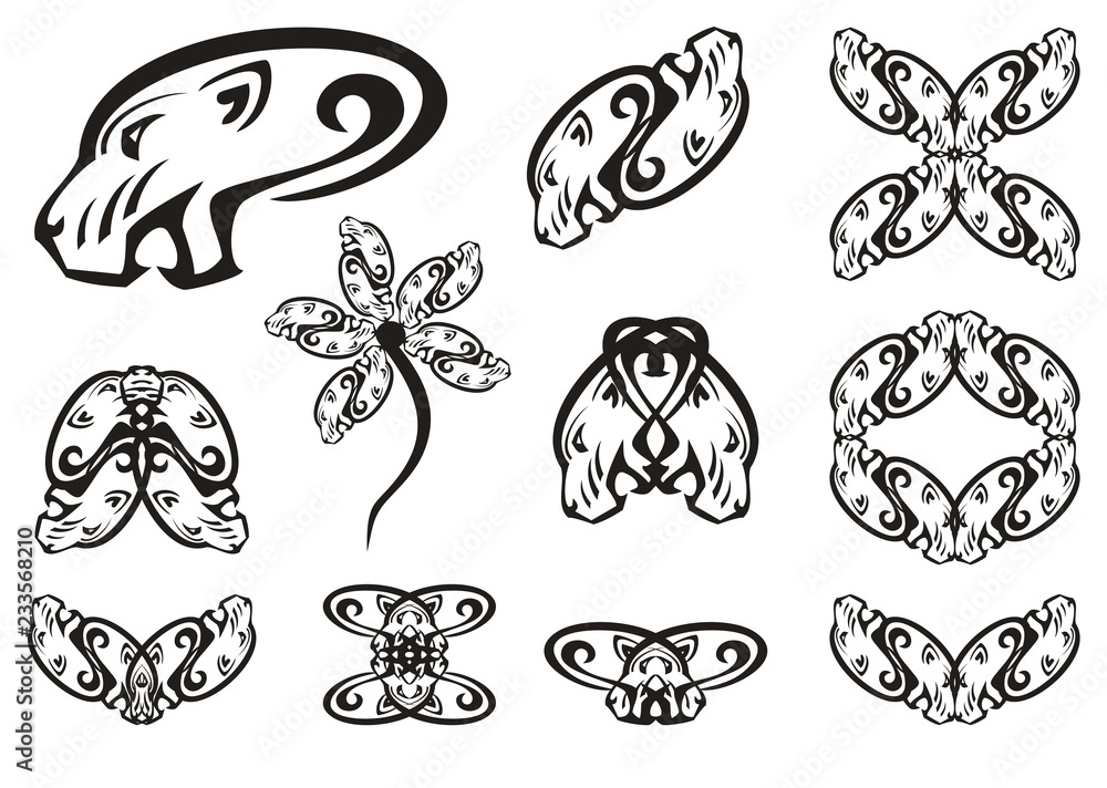 Aggressive tribal lioness head symbols. The ethnic collection of double symbols, flower, frame formed by the head of a lioness. Black on white