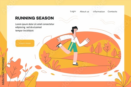 Vector illustration of healthy and sporty lifestyle concept website template with woman in sportswear running outdoors in trendy flat style - female character doing cardio training.