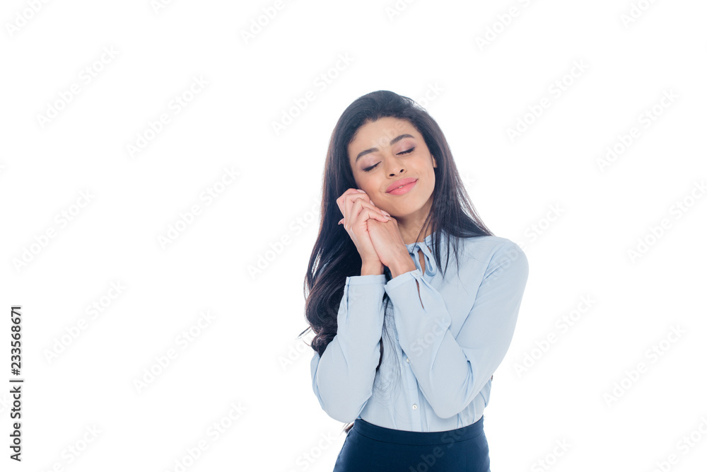 happy young african american woman smiling with closed eyes isolated on white happy young african american woman smiling with closed eyes isolated on white