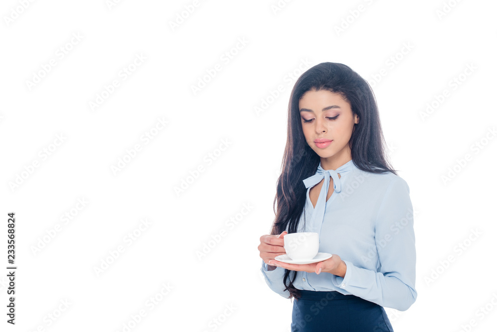 attractive african american businesswoman with coffee cup isolated on white attractive african american businesswoman with coffee cup isolated on white