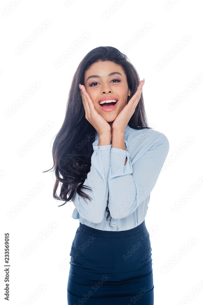 smiling african american young businesswoman posing with hands of face isolated on white smiling african american young businesswoman posing with hands of face isolated on white