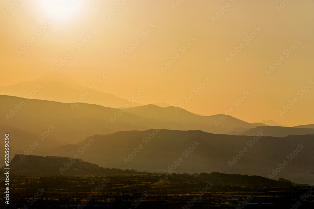 mountain range at sunrise in Cappadocia 