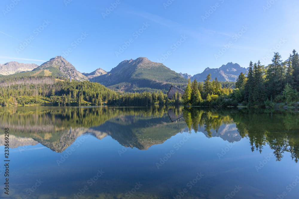 morning landscape with lake in mountains