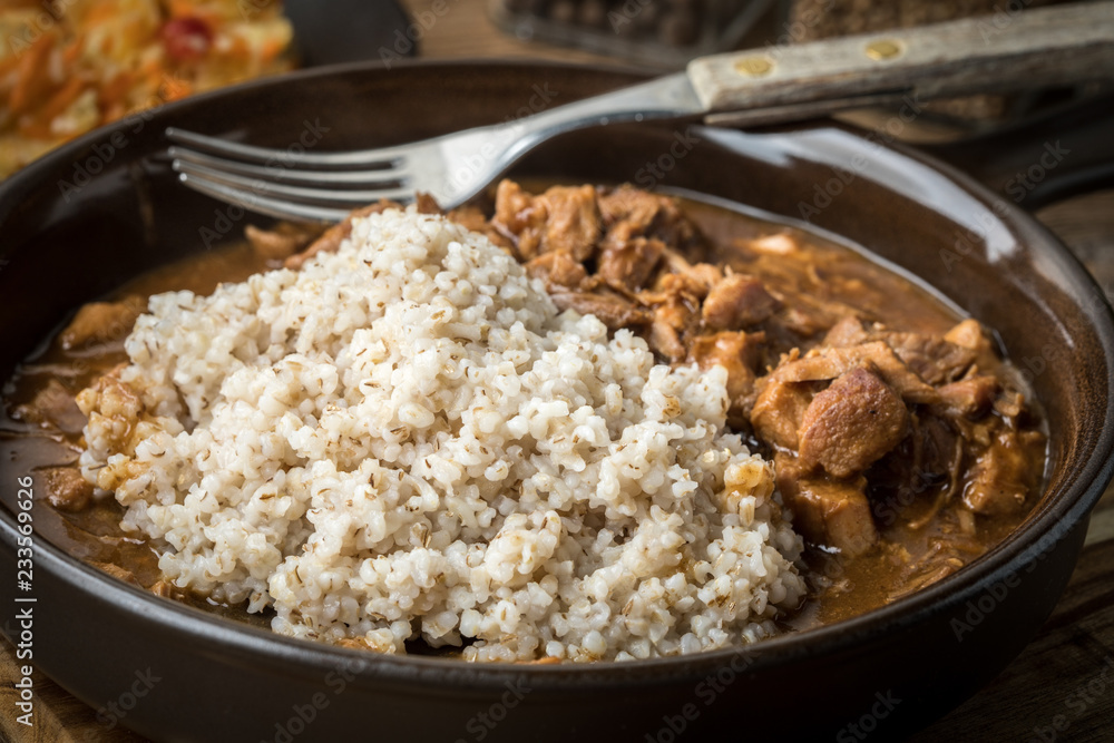 Barley groats with stewed meat. Barley groats with stewed meat.