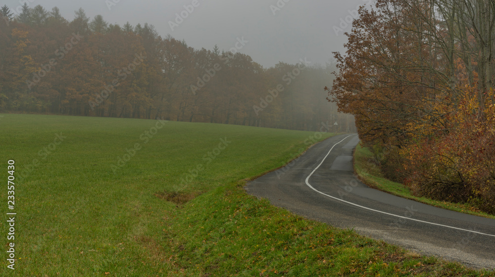 Nice asphalt road in dark misty day near Luhacovice town in Moravia