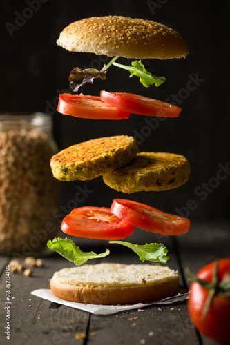 Deconstructured Vegan Hamburger with Chickpea Burger, Lettuce and Tomato