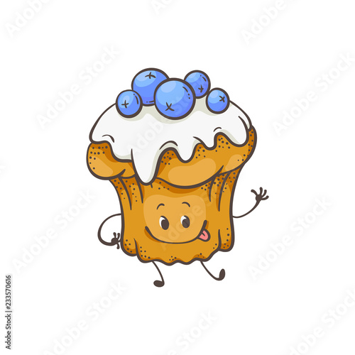 Vector illustration of muffin cartoon character with glaze and blueberries in sketch style - cute sweet baked dessert emoticon with smiling face waving hand isolated on white background.