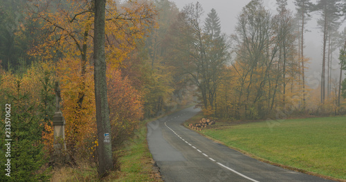 Nice asphalt road in dark misty day near Luhacovice town in Moravia