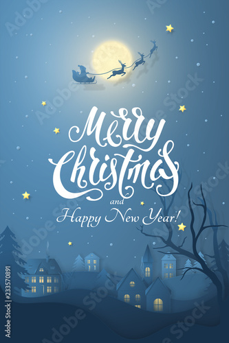 Vector winter night scene with 3D realistic paper Christmas Village. Dark festive layered background with text Merry Christmas and moon, tree, santa's sleigh, deers and snowfall for design of poster.