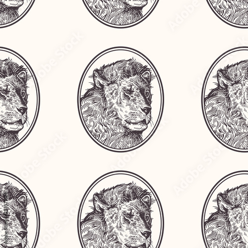 Seamless pattern with portrait of lion.