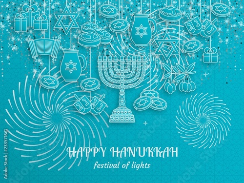 Hanukkah greeting card with Torah, menorah and dreidels. Turquoise template