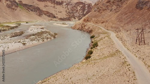 Areal Dron Shoot View of the Pamir, Afghanistan and Panj River Along the Wakhan Corridor. The Afghanistan-tajikistan Border. M41 Pamir Highway.