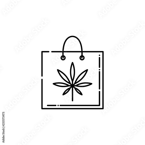 Vector cannabis legalization and marijuana benefits in medicine concept icon. Hemp leaf on shopping bag icon. Weed used as antidepressant and medication, isolated illustration