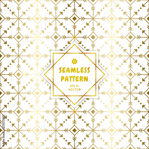 Gradient gold white seamless aztec pattern. Golden arrow geometric occult cosmic line art signs for fabric prints, surface textures, cloth design, wrapping paper. EPS10 vector backdrop. 