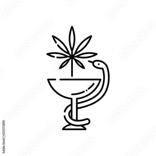 Medical marijuana line icon - thin outline symbol of snake twined around bowl with cannabis leaf isolated on white background. Vector illustration of legalization and pharmacy use of hemp.