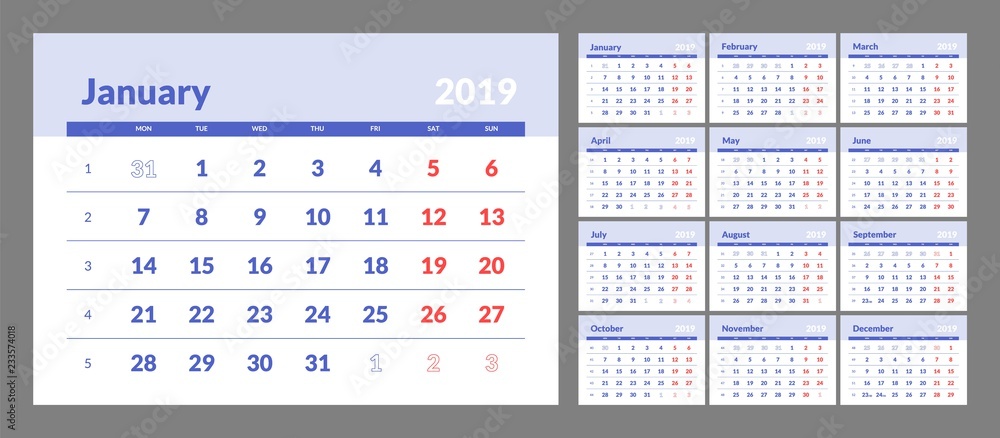 Year 2019 calendar horizontal vector design template with numbers of days of weeks. Week Starts Monday. Year 2019 calendar horizontal vector design template with numbers of days of weeks. Week Starts Monday.