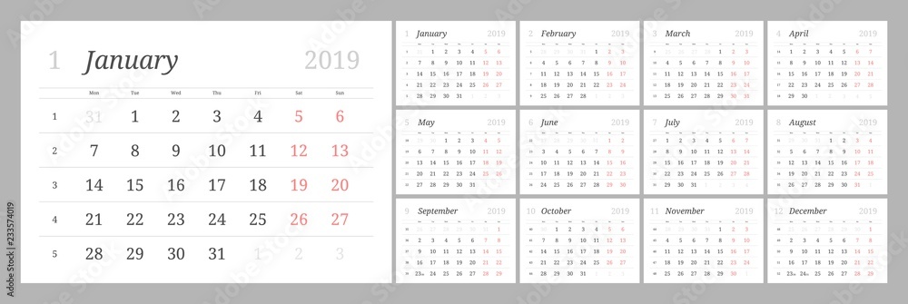 Year 2019 calendar horizontal vector design template with numbers of ...