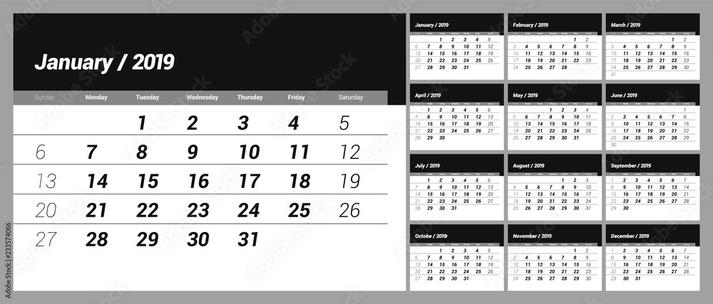 2019 new year calendar in clean minimal table simple style. Black color ...