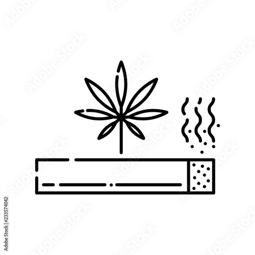 Marijuana rolled cigarette with smoke line icon isolated on white background - vector illustration of outline symbol of illegal smoking drugs abuse and cannabis joint or spliff concept.