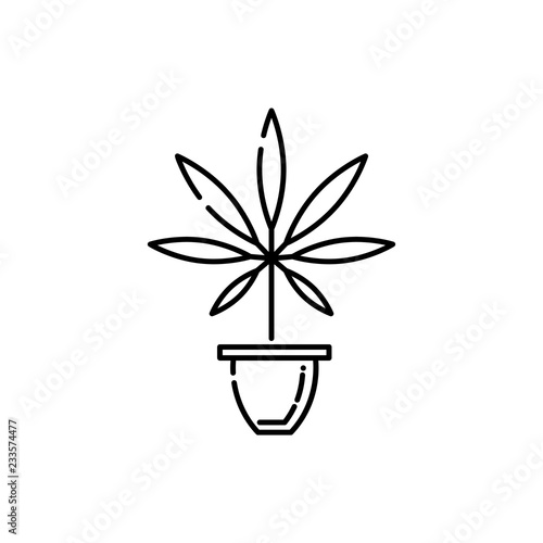 Marijuana in pot line icon - thin outline cannabis sativa grow in flowerpot isolated on white background. Vector illustration of hemp leaf in bowl drug consumption or marihuana legalization concept.