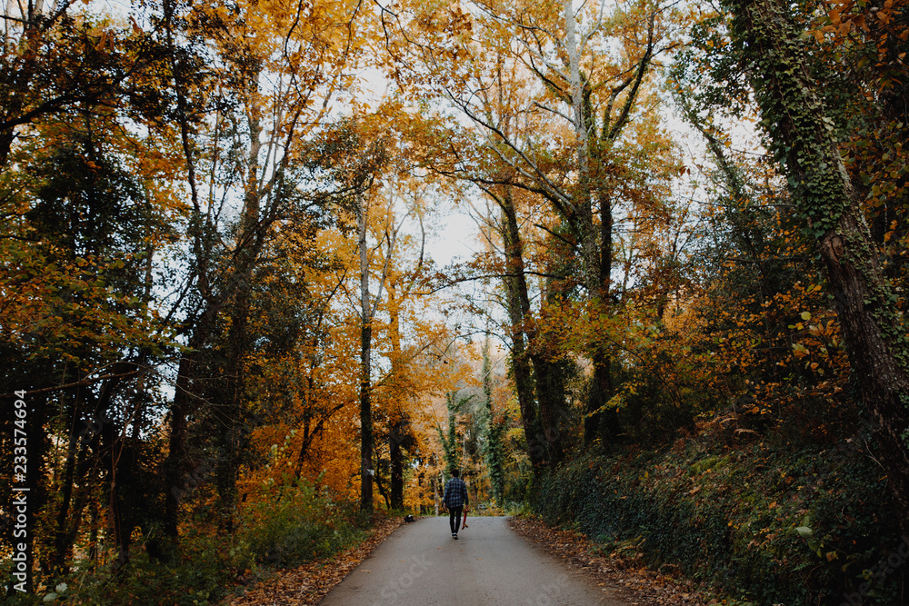 Man walking in the road in the autumn forest of Canada