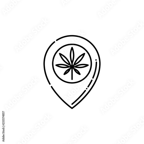 Pinpoint with marijuana leaf inside line icon - thin outline symbol of pointer showing location of cannabis store in isolated vector illustration for weed consumption concept.